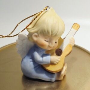 Vintage Ceramic Angel Cherub Ornament Playing Guitar Blue White Matte 2.25 inch